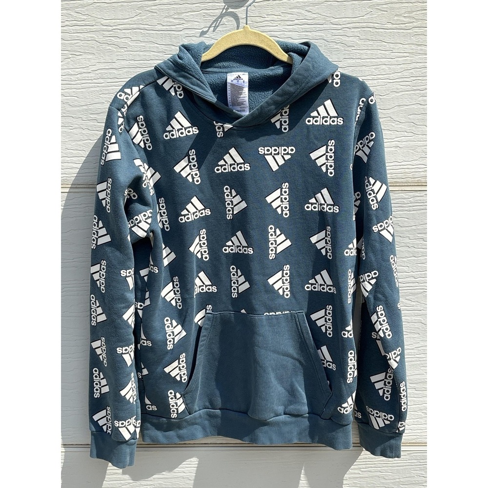 Adidas Hoodie Mens Medium Blue Logo Graphic Fleece Pullover Allover Print Sport - Picture 1 of 4